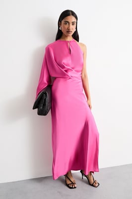 One Shoulder Twist Front Keyhole Satin Maxi Dress