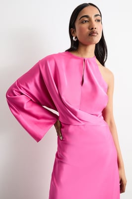 One Shoulder Twist Front Keyhole Satin Maxi Dress