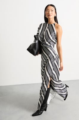 Petite Printed One Shoulder Twist Front Keyhole Satin Maxi Dress