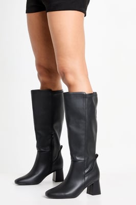 Wide Fit Stretch Knee High Flared Block Heeled Boots