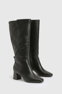 Wide Fit Stretch Knee High Flared Block Heeled Boots