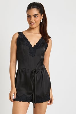 Lace Trim Satin Flippy Short Playsuit