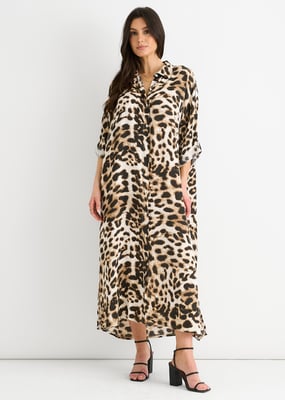 Midaxi-skjortklänning med djurmönster och knappar