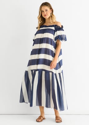 Blue Cotton Voil Bardot Stripe Midaxi Dress