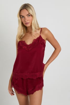 Eyelash Lace Trim Satin Cami & Shorts Pyjama Set