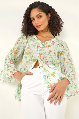 Floral Flare Sleeve Buttoned Blouse