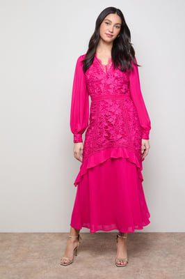 Lace Puff Sleeve V Neck Midaxi Dress