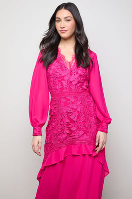 Lace Puff Sleeve V Neck Midaxi Dress