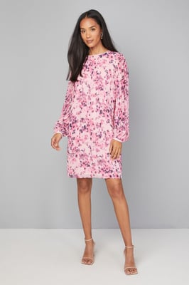 Pleated Sleeve Lace Trim Shift Dess