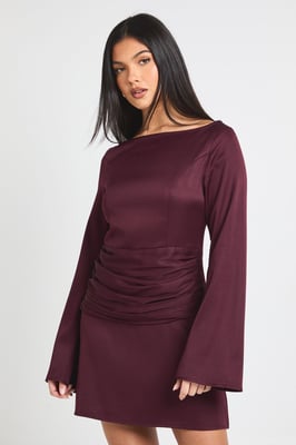 Satin Wrap Waist Long Sleeve Mini Dress