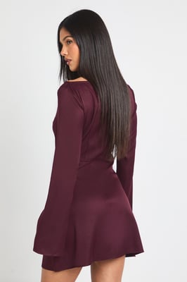Satin Wrap Waist Long Sleeve Mini Dress