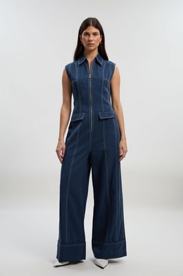 Tencel Cotton Contrast Stitch Zip Front Woven Jumpsuit
