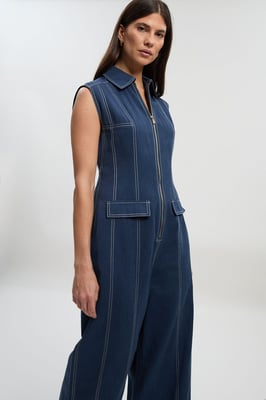 Tencel Cotton Contrast Stitch Zip Front Woven Jumpsuit