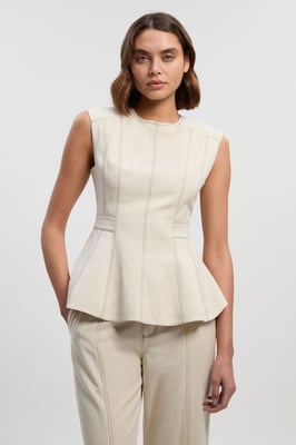 Tencel Cotton Contrast Zip Up Woven Peplum Top