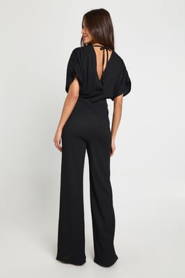 Textured Plunge Batwing Wide Leg Jumpsuit