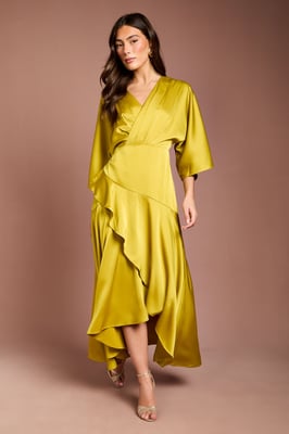Satin Back Crepe Ruffle Wrap Midi Dress