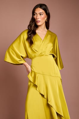 Satin Back Crepe Ruffle Wrap Midi Dress