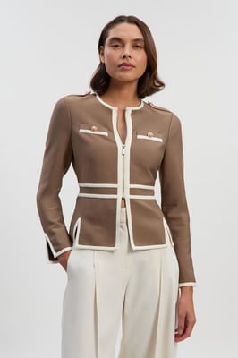 Petite Figure Form Bandage Military Contrast Piping Knit Split Hem Jacket