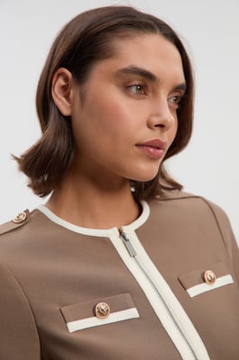 Petite Figure Form Bandage Military Contrast Piping Knit Split Hem Jacket