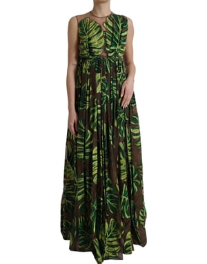 Printed Silk Maxi Dress Tropical Leaf Print