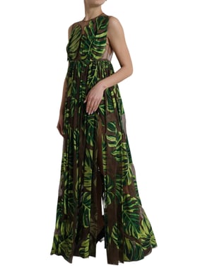 Printed Silk Maxi Dress Tropical Leaf Print
