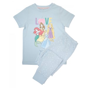 Disney Meisjes Love Princess AOP Lange Pyjama Set met Korte Mouwen (Babyblauw)