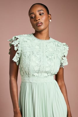 Flutter Sleeve Lace Top Pleated Skirt Midi Dress