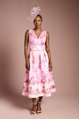 V Neck Structured Satin Placement Print Midi Dress