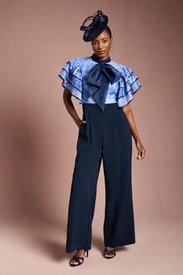 Printed Organza Ruffle Sleeve Wide Leg Jumpsuit