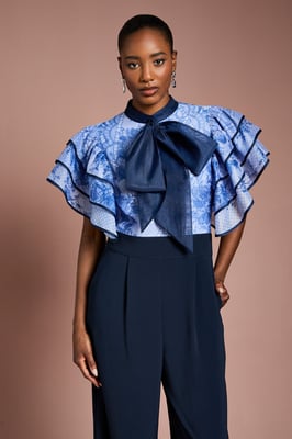 Printed Organza Ruffle Sleeve Wide Leg Jumpsuit