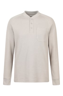 'Selby' Men's Waffle Henley Tee with Button Fastenings Long Sleeve Top Beige