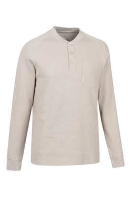 'Selby' Men's Waffle Henley Tee with Button Fastenings Long Sleeve Top Beige