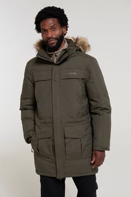 'Antarctic' Men's Extreme Down Jacket Faux Fur Hood Warm Full Zip Winter Coat Forest Green