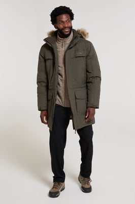 'Antarctic' Men's Extreme Down Jacket Faux Fur Hood Warm Full Zip Winter Coat Forest Green