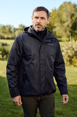 'Fell' Men's 3 in 1 Water Resistant Jacket Adjustable Hood Full Zip Winter Coat Black