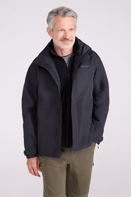 'Fell' Men's 3 in 1 Water Resistant Jacket Adjustable Hood Full Zip Winter Coat Black