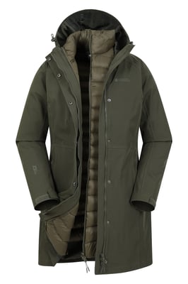 'Alaskan' Women's 3 In 1 Long Jacket with Adjustable Hood Waterproof Coat Khaki