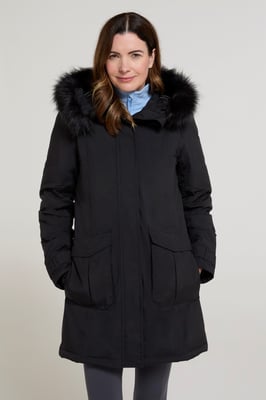 'Aurora' Women's Down Jacket Waterproof Faux Fur Hood Warm Full Zip Winter Coat Black