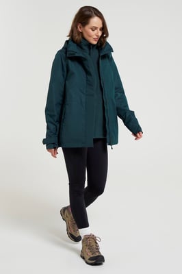 'Fell' Women's 3 in 1 Jacket Water Resistant Inner Fleece Hooded Rain Jacket Dark Green