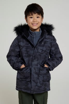'Ranger' Printed Kids Parka Jacket Water Resistant Warm Cosy Coat Black