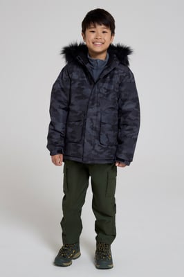 'Ranger' Printed Kids Parka Jacket Water Resistant Warm Cosy Coat Black