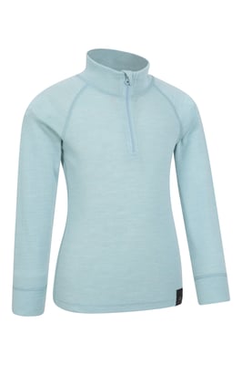 Kids Merino Top Zip Neck Quick Wicking Skiing Base Layer Tee Pale Blue