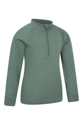 Kids Merino Top Zip Neck Quick Wicking Skiing Base Layer Tee Khaki