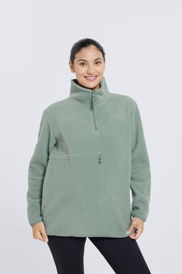 Women's Sherpa Fleece Lined Sweater Half Zip Cosy Warm Coat Khaki