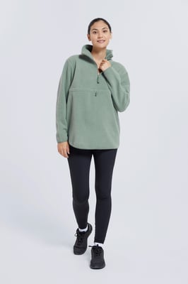 Women's Sherpa Fleece Lined Sweater Half Zip Cosy Warm Coat Khaki