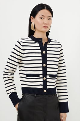 Cotton Cropped Knit Boxy Striped Cardigan
