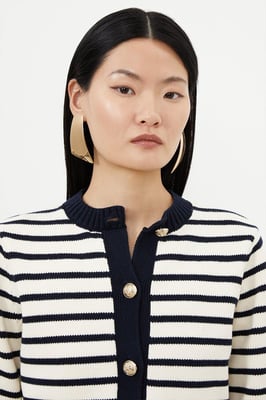 Cotton Cropped Knit Boxy Striped Cardigan