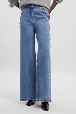 Denim Studded Wide Leg Trouser