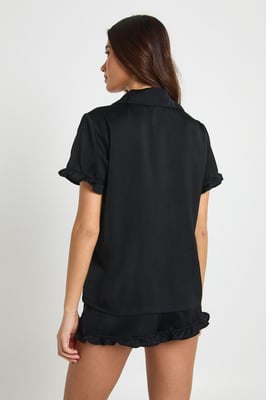 Satin Frill Detail Short Sleeve Shirt & Short Pyjama Set