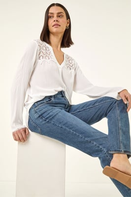 Lace Shoulder V-Neck Blouse
